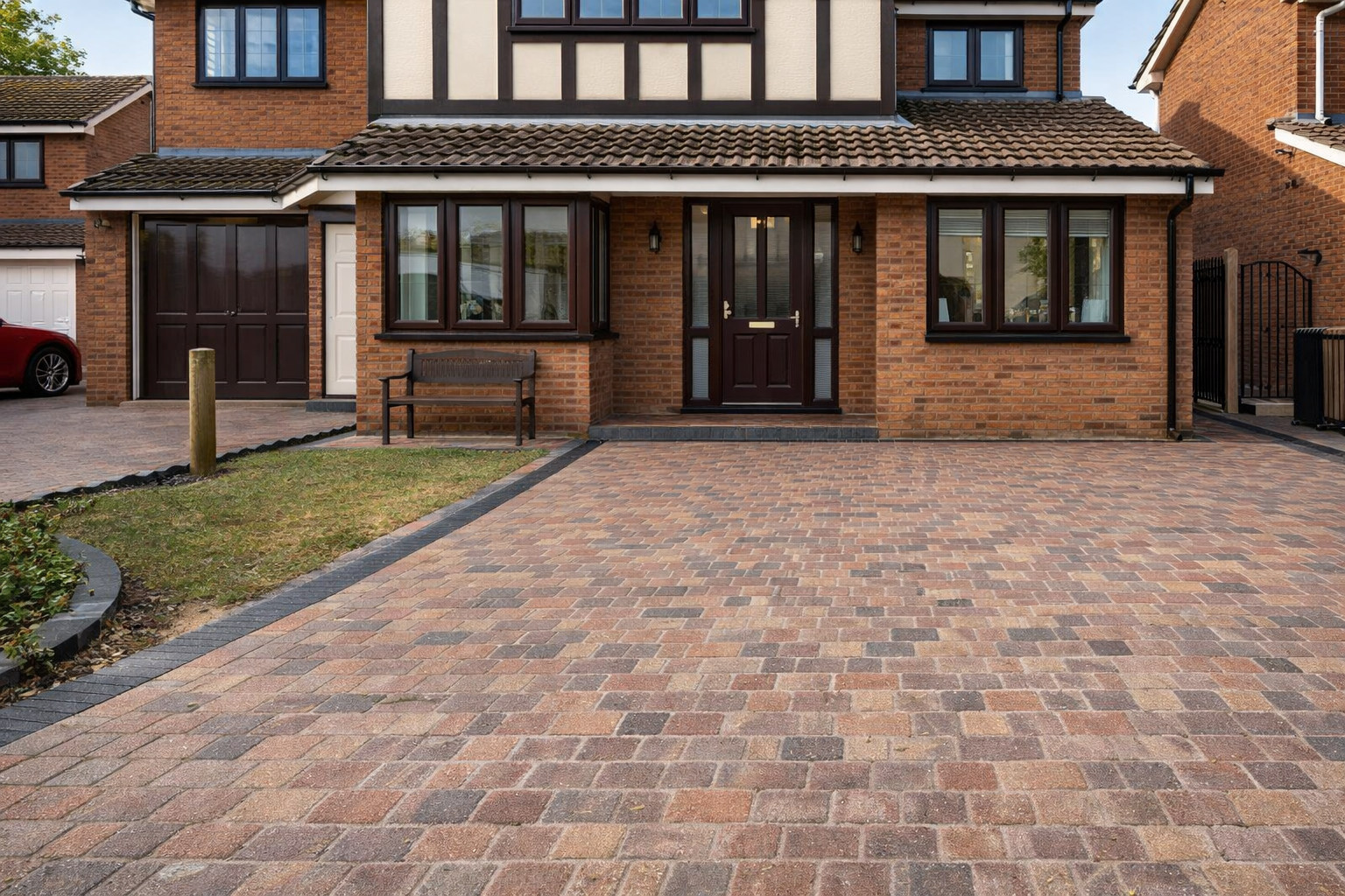 Tudor brick home with block-paved driveway
