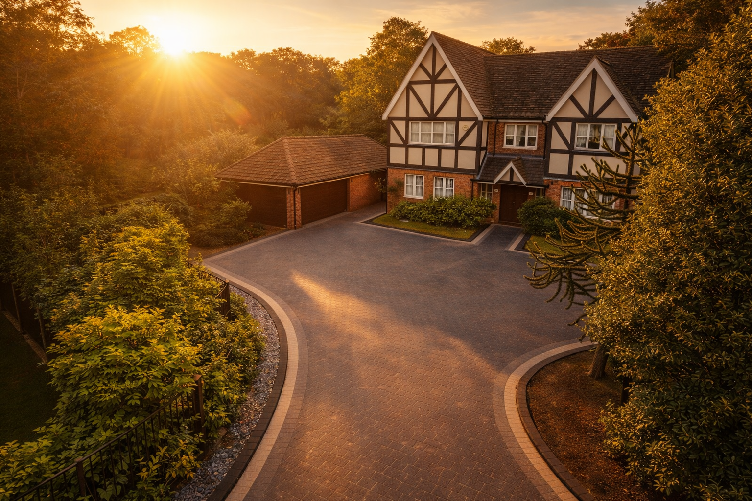 Sweeping block-paved driveway leading to a Tudor-style home in Worcester at golden hour, installed by Seastone