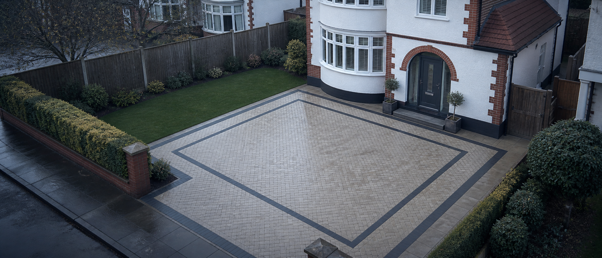 Sweeping block-paved driveway leading to a Tudor-style home in Worcester at golden hour, installed by Seastone